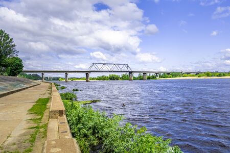 Industrial bridge over Pripyat river in Belarusの写真素材