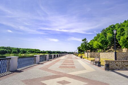 Beautiful paved walkway along Sozh river in Gomel, Belarusの写真素材