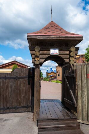 Mazyr, Belarus - June 28, 2019: wooden entrance to historic Mazyr Castleのeditorial素材