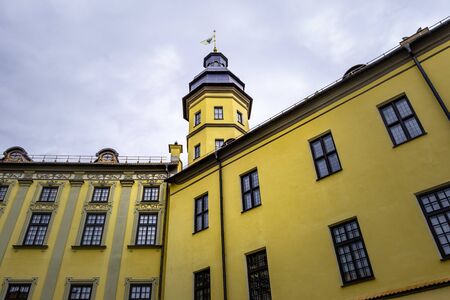 Nesvizh, Belarus - July 4, 2019: Looking up at fragment of Nesvizh Radziwill Castle in Belarusのeditorial素材