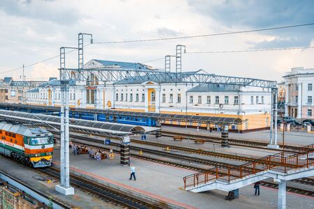 Gomel, Belarus - June 27, 2019: Central railway station buildings and platformsのeditorial素材