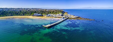 Black Rock Wharf and The Cerberus Beach house - aerial panoramaの写真素材