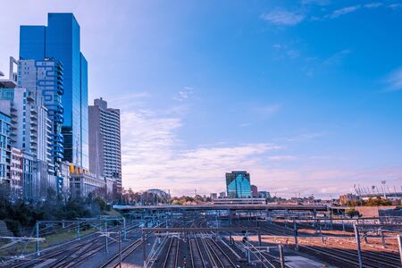 Mutliple railway tracks near Federation Square in Melbourne - urban landscapeの写真素材