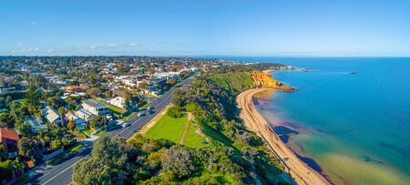 Aerial landscape of Beach Road and Black Rock suburb on beautiful Port Phillip Bay coastline in Melbourne, Australiaの写真素材