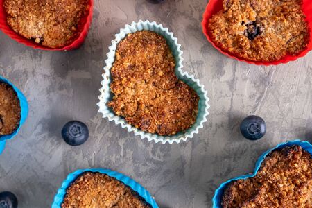 Healthy homemade cupcakes with blueberries - top view closeupの写真素材