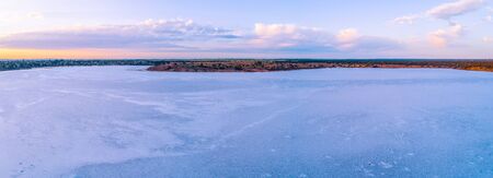 Scenic pink salt lake at dawn in Australia - aerial panoramaの写真素材