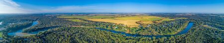 Wide aerial panorama of long stretch of Murray River in scenic countrysideの写真素材