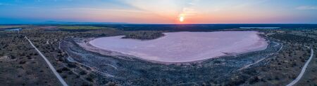 Wide aerial panorama of Lake Crosbie - pink lake in Murray-Sunset National Park, Victoria, Australiaの写真素材
