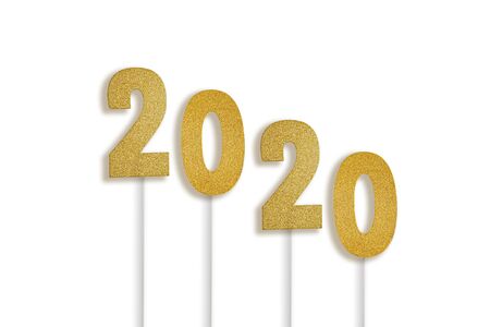 New year 2020 numbers concept with golden glitter and soft shadows isolated on white backgroundの写真素材