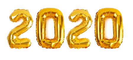 The number 2020 in golden foil balloons isolated on white background for the new yearの写真素材