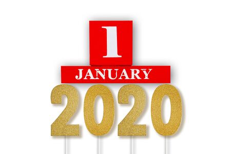 January 1st of the year 2020 concept in red and golden colors with soft shadows isolated on white backgroundの写真素材