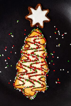 Decorated Christmas tree biscuit with colorful sprinkles on black backgroundの写真素材