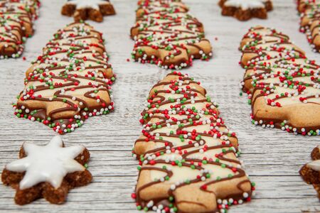 Christmas tree biscuits on white wood in perspective with shallow focusの写真素材