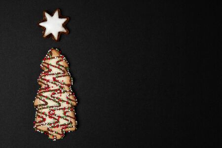 Christmas tree biscuit with hazelnut star on black background - top view with copy spaceの写真素材