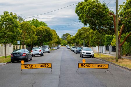 Melbourne, Australia - December 15, 2019: Road Closed yellow signs blocking residential streetのeditorial素材