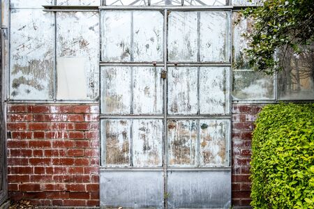 Locked greenhouse doors with peeling white paintの写真素材