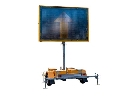 Mobile road sign displaying yellow arrow isolated on white backgroundの写真素材