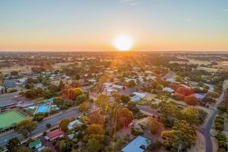 Small township of Dunkeld at sunset - aerial viewの写真素材