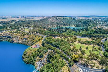 Aerial view of Blue Lake and Valley Lake at Mount Gambier, South Australiaの写真素材