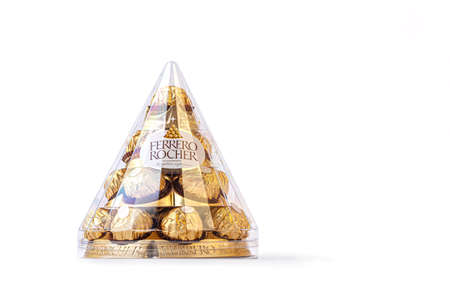 Melbourne, Australia circa February 2020: Ferrero Rocher festive cone chocolate box isolated on white with copy spaceのeditorial素材