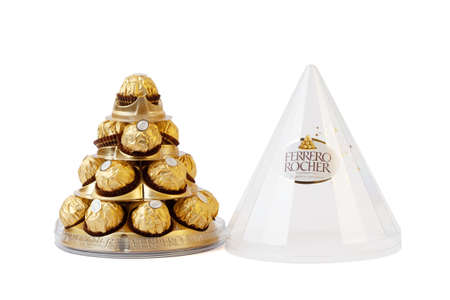 Melbourne, Australia circa February 2020: Festive cone Ferrero Rocher open chocolate box with lid isolated on white backgroundのeditorial素材
