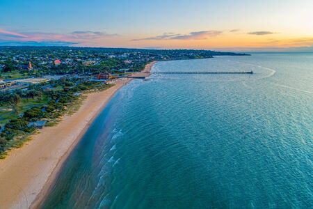 Aerial landscape of Frankston Yacht Club and the pier at sunset in Australiaの写真素材