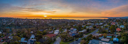 Aerial panorama Frankston Suburb at sunset in Melbourne, Australiaの写真素材