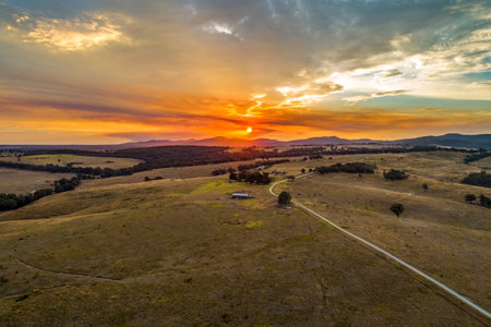 Beautiful sunset in Australian outback - aerial viewの写真素材