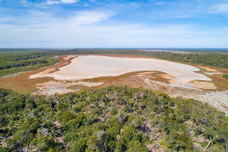 Aerial view of a dry lake in Gippsland, Victoria, Australiaの写真素材