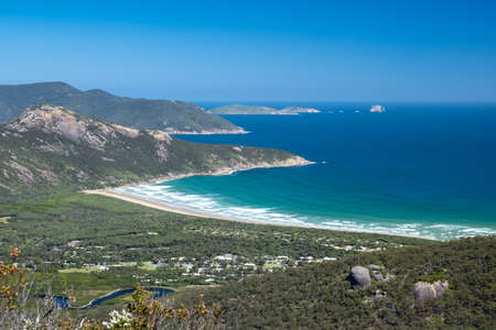 Scenic panorama of intricate rock formations on ocean coastline along the famous Great Ocean Walk in Australiaの写真素材