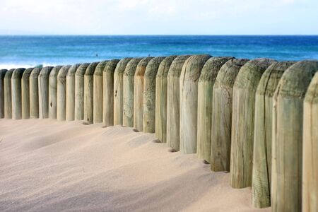 Beach dune and fence with the sea in the backgroungの写真素材