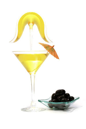 martini glass and black olives over whiteの写真素材