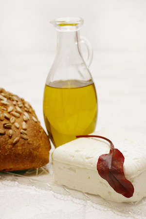 white cheese, rye bread, and olive oilの写真素材