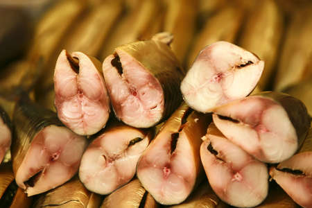 smoked mackerel on market show windowの写真素材