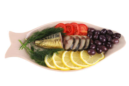 smoked fish served with vegetables top viewの写真素材