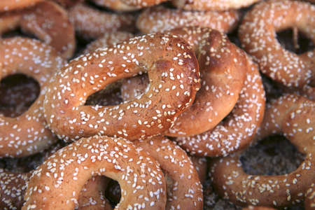 fresh sweet cake on tray on open marketの写真素材