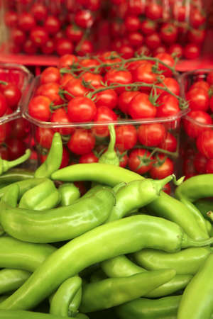 pepper and tomato cherry on market placeの写真素材