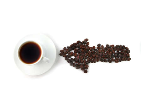 coffee arrow point to cup on white backgroundの写真素材