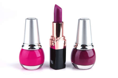 new nails polish on white background and lipstickの写真素材