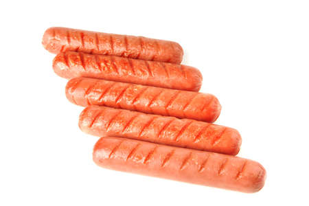 row of grilled beef sausages on whiteの写真素材