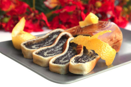 poppy pie served on dish with lemonの写真素材