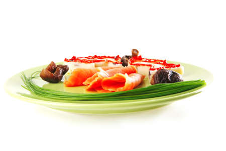 red smoked salmon with mash served on green plateの写真素材