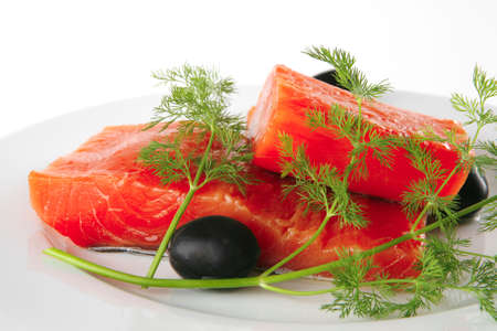 smoked salmon chunk with olives and fennelの写真素材