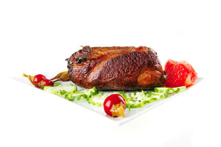 grilled meat and hot papper on whiteの写真素材