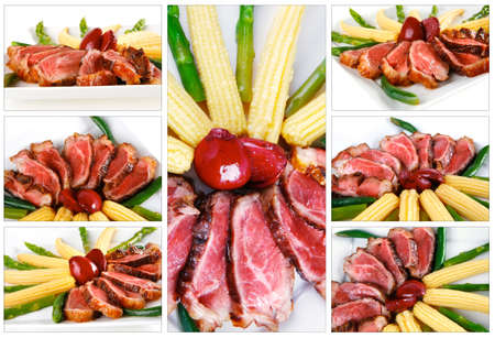 meat served with beans and corns on white dishの写真素材
