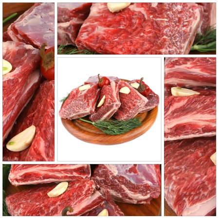 raw ribs served with greenery on wooden plateの写真素材