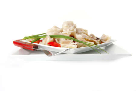 meat dumplings served on white plate with chivesの写真素材