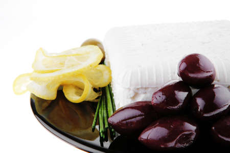 image of feta cheese and olives on blackの写真素材