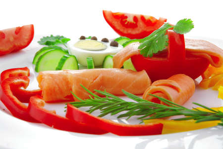 image of salmon slices and vegetables with eggsの写真素材