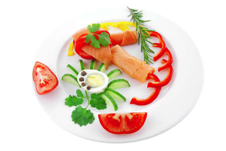 image of smoked salmon slices on whiteの写真素材
